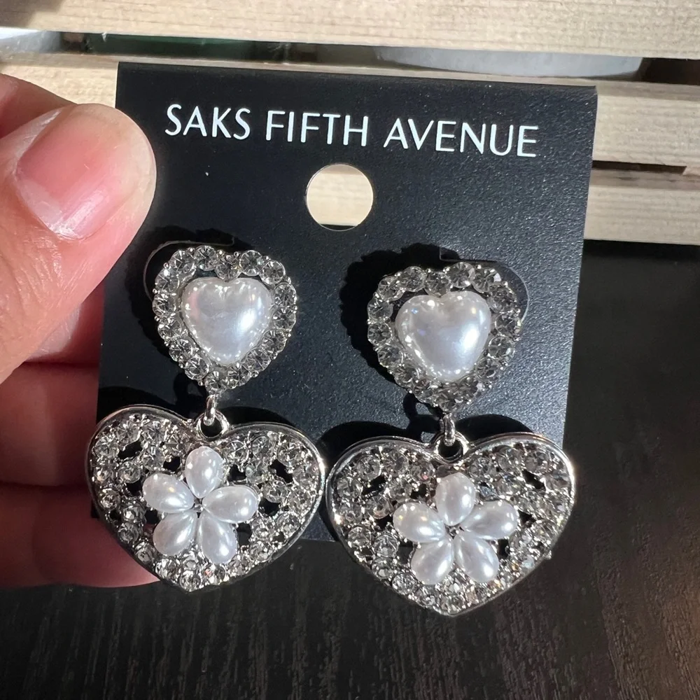 Saks Fifth Avenue Silver and White Heart Drop Earrings